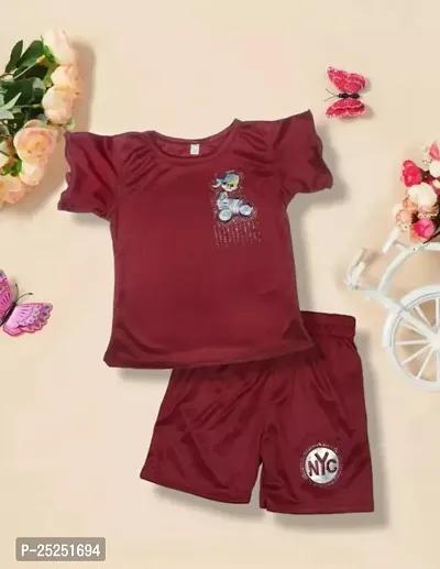 Stylish Maroon Cotton Self Pattern Top with Shorts Set For Kids