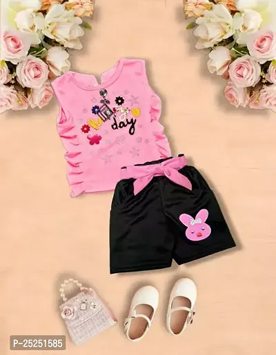 Stylish Pink Cotton Self Pattern Top with Shorts Set For Girls