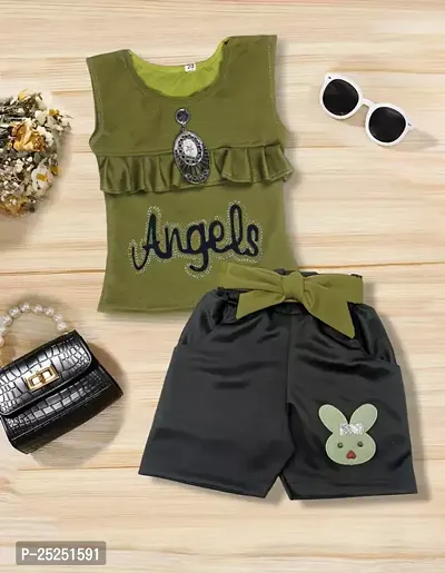 Stylish Green Cotton Self Pattern Top with Shorts Set For Girls-thumb0