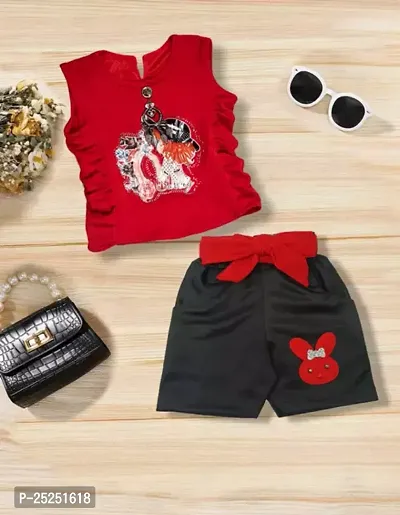 Stylish Red Cotton Self Pattern Top with Shorts Set For Girls