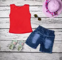 Stylish Red Cotton Self Pattern Top with Shorts Set For Girls-thumb1