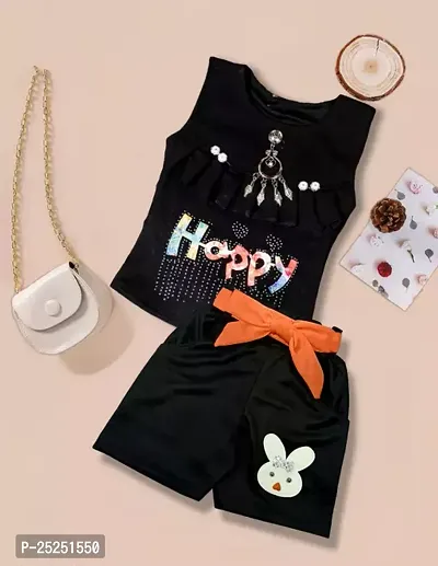 Stylish Black Cotton Self Pattern Top with Shorts Set For Girls