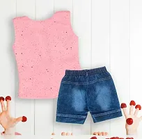 Stylish Peach Cotton Self Pattern Top with Shorts Set For Girls-thumb1