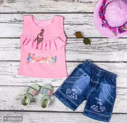 Stylish Pink Cotton Self Pattern Top with Shorts Set For Girls