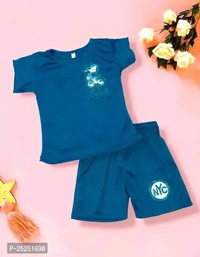 Stylish Blue Cotton Self Pattern Top with Shorts Set For Kids