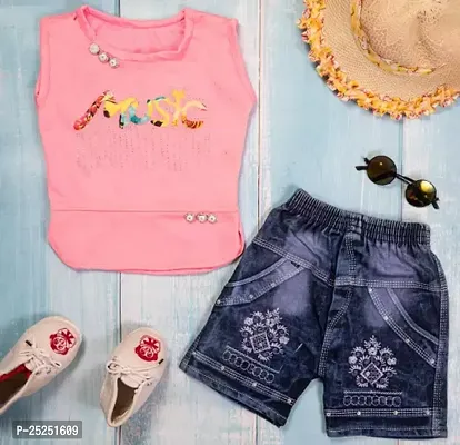 Stylish Pink Cotton Self Pattern Top with Shorts Set For Girls