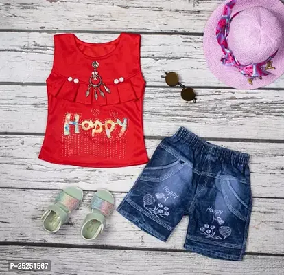 Stylish Red Cotton Self Pattern Top with Shorts Set For Girls