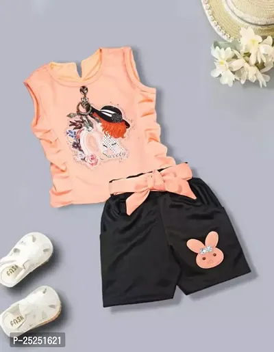 Stylish Peach Cotton Self Pattern Top with Shorts Set For Girls
