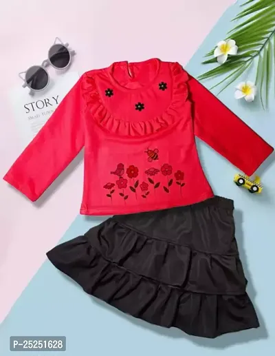 Stylish Red Cotton Self Pattern Top with Skirt Set For Girls