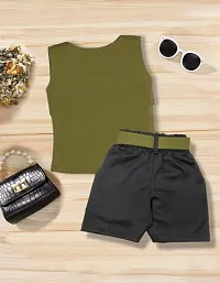 Stylish Green Cotton Self Pattern Top with Shorts Set For Girls-thumb1