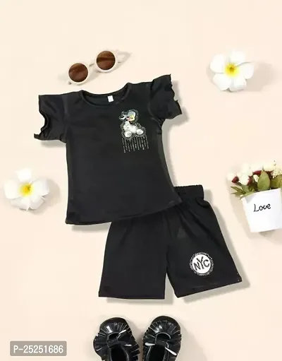 Stylish Black Cotton Self Pattern Top with Shorts Set For Kids