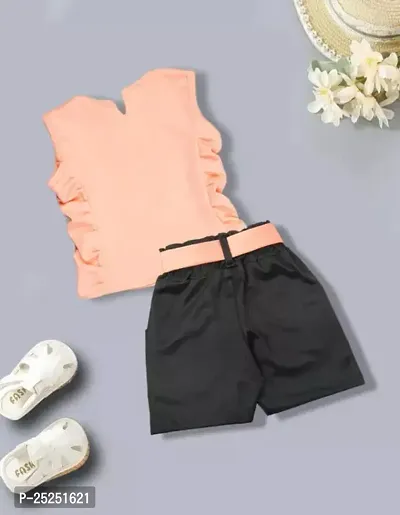 Stylish Peach Cotton Self Pattern Top with Shorts Set For Girls-thumb3