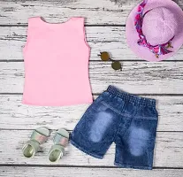 Stylish Pink Cotton Self Pattern Top with Shorts Set For Girls-thumb1
