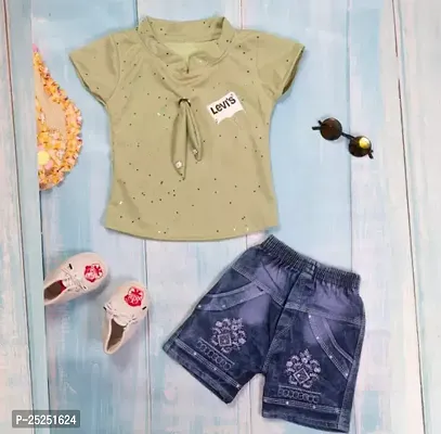 Stylish Green Cotton Self Pattern Top with Shorts Set For Girls-thumb0