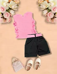 Stylish Pink Cotton Self Pattern Top with Shorts Set For Girls-thumb1