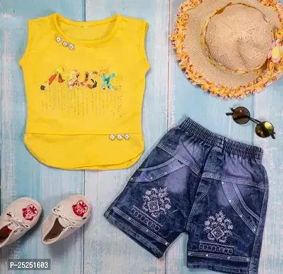Stylish Yellow Cotton Self Pattern Top with Shorts Set For Girls