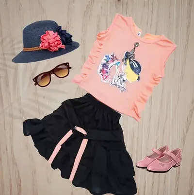 Stylish Self Pattern Top with Skirt Set For Girls