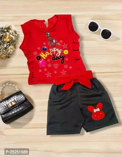 Stylish Red Cotton Self Pattern Top with Shorts Set For Girls