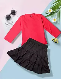 Stylish Red Cotton Self Pattern Top with Skirt Set For Girls-thumb1