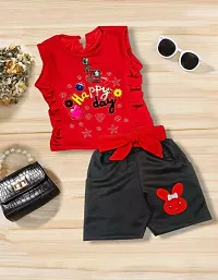 Stylish Red Cotton Self Pattern Top with Shorts Set For Girls-thumb1