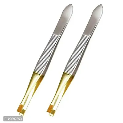 AVTY (2 Pack) Flat Tweezers - Gold Tone Stainless Steel Flat Tip Tweezers Hair Plucker for Hair and Eyebrows Personal Care (Gold Tone_A)