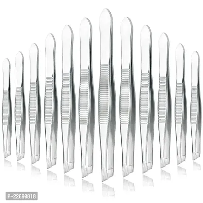 AVTY Stainless Steel Tweezers - 12 Pieces Slant Tip Tweezers Set - Precision Facial Hair Tweezers - Comfort Grip Long Silver Tweezers for Ingrown Hair - Professional Eyebrow Tweezers for Men and Women