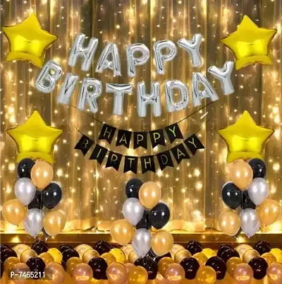Pack of 66 pcs Birthday Decoration Kit - 1 Set of Happy Birthday Silver Foil Balloon + 1 set of Happy Birthday Card Banner + 45 pcs of Black, Silver  Golden Metallic Balloons + 4 pcs of Golden Star F