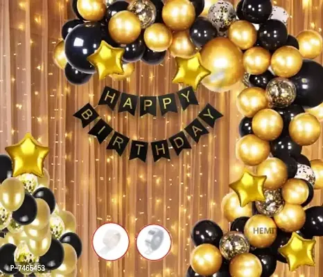 Birthday Balloons Decoration With Light Kit Items Combo-92Pcs for Kids Boys Girls Adult Women Husband,Quarantine Theme Decorations/Black Gold Supplies/Foil Balloon,Latex Baloon,Star and Banner Happy