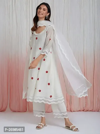 Classic White Chanderi Silk Embroidery A-Line Kurta with Pant and Dupatta Set For Women-thumb0