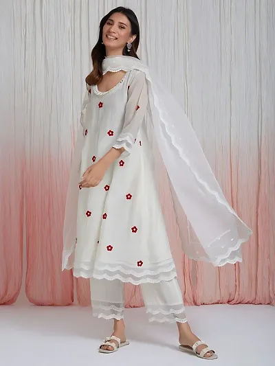 Classic White Chanderi Silk Embroidery A-Line Kurta with Pant and Dupatta Set For Women