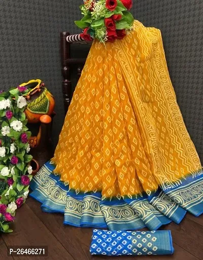 Stylish Cotton Yellow Saree with Blouse Piece For Women-thumb0