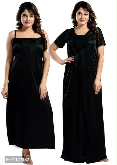 Classic Satin Solid Nighty for Women with Upper Shrug-thumb0