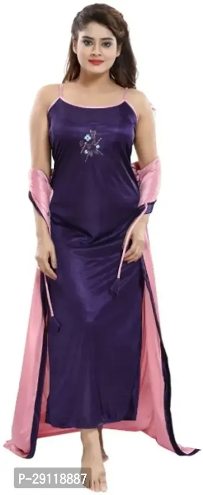 Classic Satin Solid Nighty with Robe for Women-thumb0