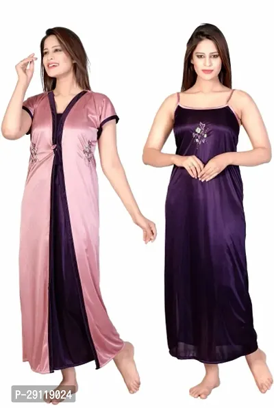 Classic Satin Solid Nighty with Robe for Women-thumb0