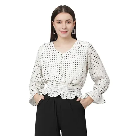 ANKLES Casual Solid Color Polka Dots Puffed Sleeves Crop Top for Women