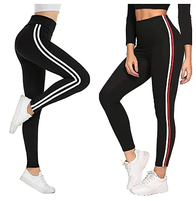 Fitg18? Gym wear Leggings Ankle Length Free Size Combo Workout Trousers | Stretchable Striped Jeggings | Yoga Track Pants for Girls & Women (Pack of 2-Free Size 28-34 Inch)