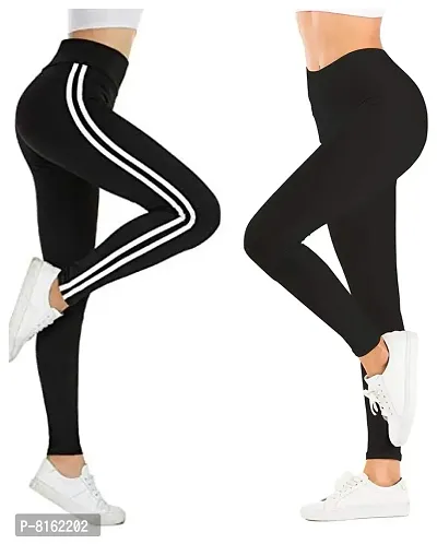 FITG18 Gym wear Leggings Ankle Length Free Size Combo Workout Trousers | Stretchable Striped Jeggings | Yoga Track Pants for Girls  Women (Black)(Pack of 2)-thumb0