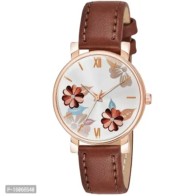 KIROH Analogue Flower Designer Leather Strap Watch for Girl's and Women (Brown)