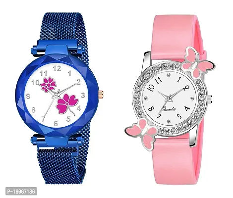 KIROH Analogue Flower Dial Magnetic and White Dial Butterfly Pu Strap Combo Girl's and Women's Watch (Blue-Pink-Pink)-thumb0