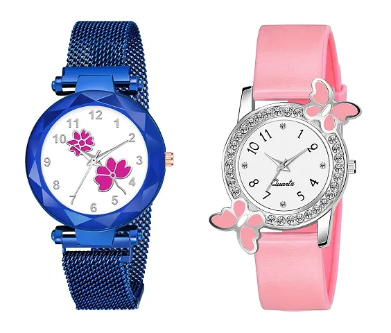KIROH Analogue Flower Dial Magnetic and White Dial Butterfly Pu Strap Combo Girl's and Women's Watch