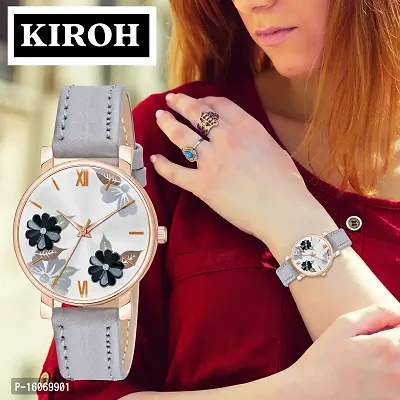 KIROH Analogue Flower Designer Leather Strap Watch for Girl's and Women (Grey)-thumb5