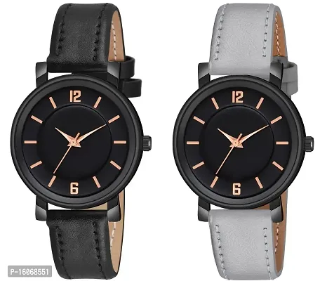 KIROH Analogue Round Dial Stylish Premium Leather Strap Watch for Girls and Women (Pack of -2,Black-Grey)