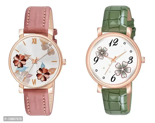 KIROH Analogue Round Dial Dual Flower Premium Leather Strap Watch for Girls and Women (Pack of -2, Peach-Green)