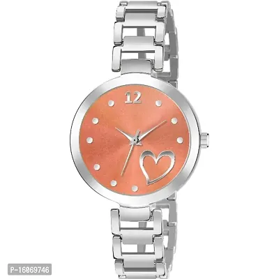 KIROH AnalogueHeart Dial Designer Stylish Metal Strap Watch for Girls and Women (Silver-Orange)