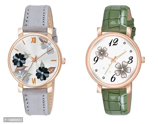 KIROH Analogue Round Dial Dual Flower Premium Leather Strap Watch for Girls and Women (Pack of -2, Grey-Green)