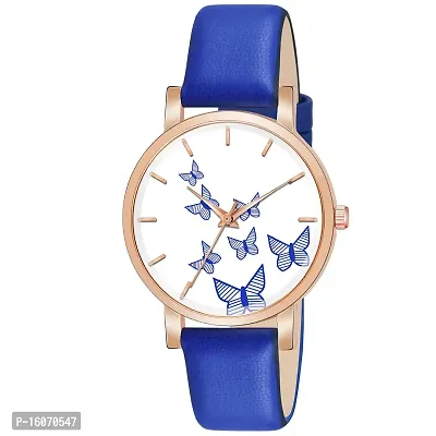 KIROH Analogue Butterfly Designer Leather Strap Watch for Girl's and Women (Blue)