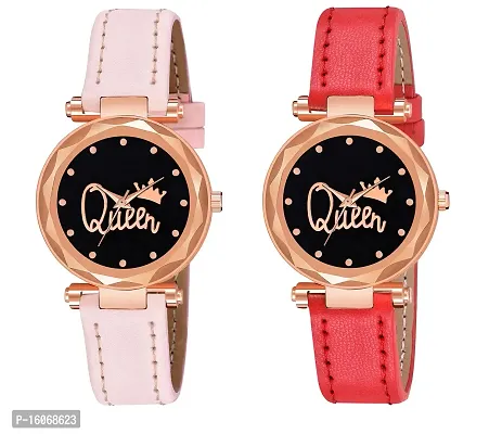 KIROH Analogue Queen Dial Pack of 2 Combo Leather Strap Watch for Girl's and Women's (Pink-Red)