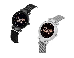 KIROH Casual Analogue Queen Dial Magnetic Strap Analog Watch for Girl's and Women (Pack of 2) (Black-Silver)-thumb1