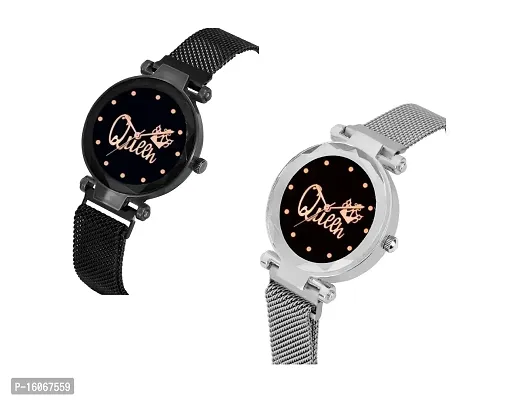 KIROH Casual Analogue Queen Dial Magnetic Strap Analog Watch for Girl's and Women (Pack of 2) (Black-Silver)-thumb2