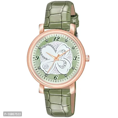 KIROH Analog Multi Flower Dial Stylish Premium Leather Strap Watch for Girls and Women(Green)-thumb0